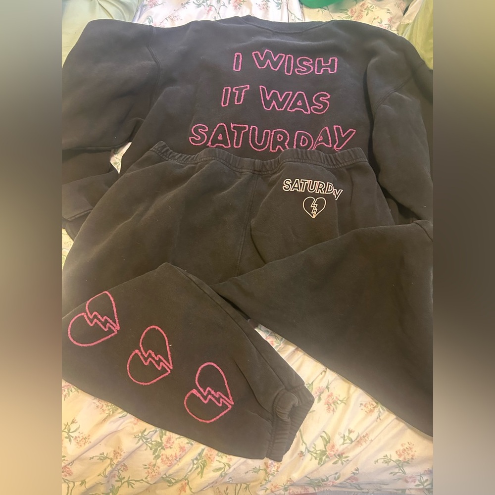 Wildfox Black Joggers with Pink Heart Accents